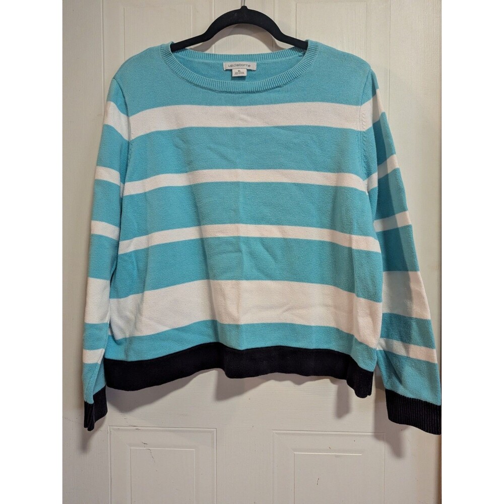 Liz Claiborne Women XL Blue White Black Striped Cotton Knit Crew Neck Sweater